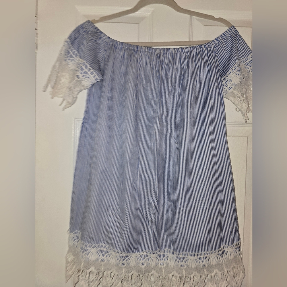 Blue Striped Off-Shoulder Top with Lace Trim